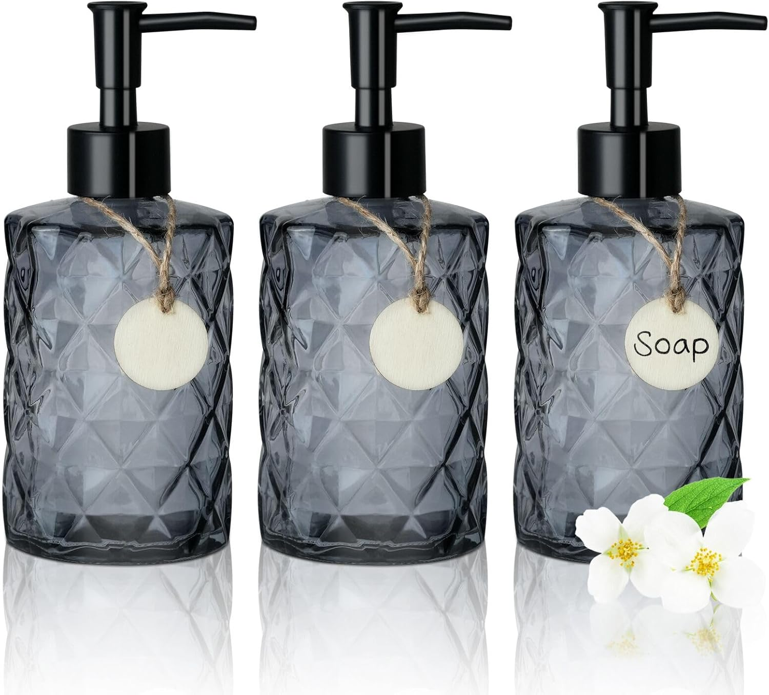 3Pcs 11Oz Glass Soap Dispenser with Plastic Pump, Diamond Design Kitchen Bathroom Soap Dispenser, Refillable Liquid Glass Soap Dispenser for Hand Soap, Soap, Lotion (Black) image number 1