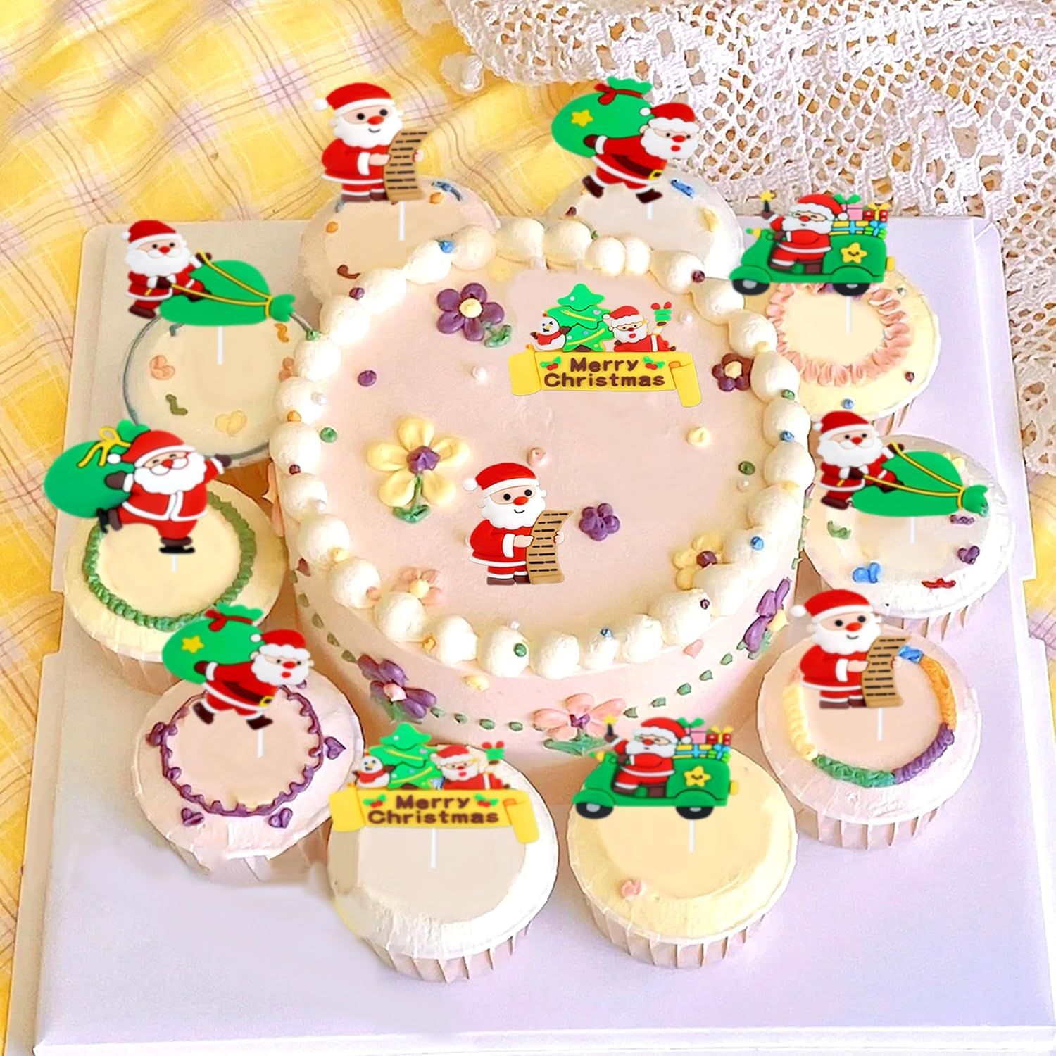 6Pcs Christmas Cupcake Toppers Santa Claus Cupcake Picks Winter Merry Christmas Theme New Year Holiday Birthday Party Cake Decorations Supplies
