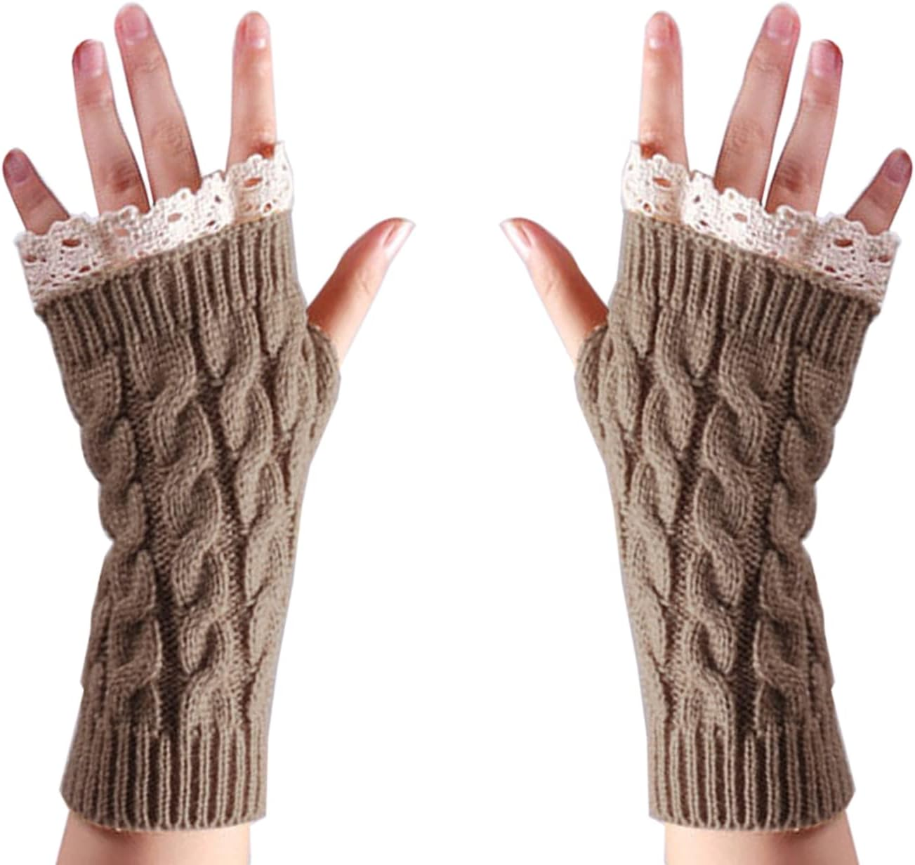 CENZICOM Women Knit Arm Warmer Winter Fingerless Thumb Hole Mitten Soft Gloves with Lace - White image number 3