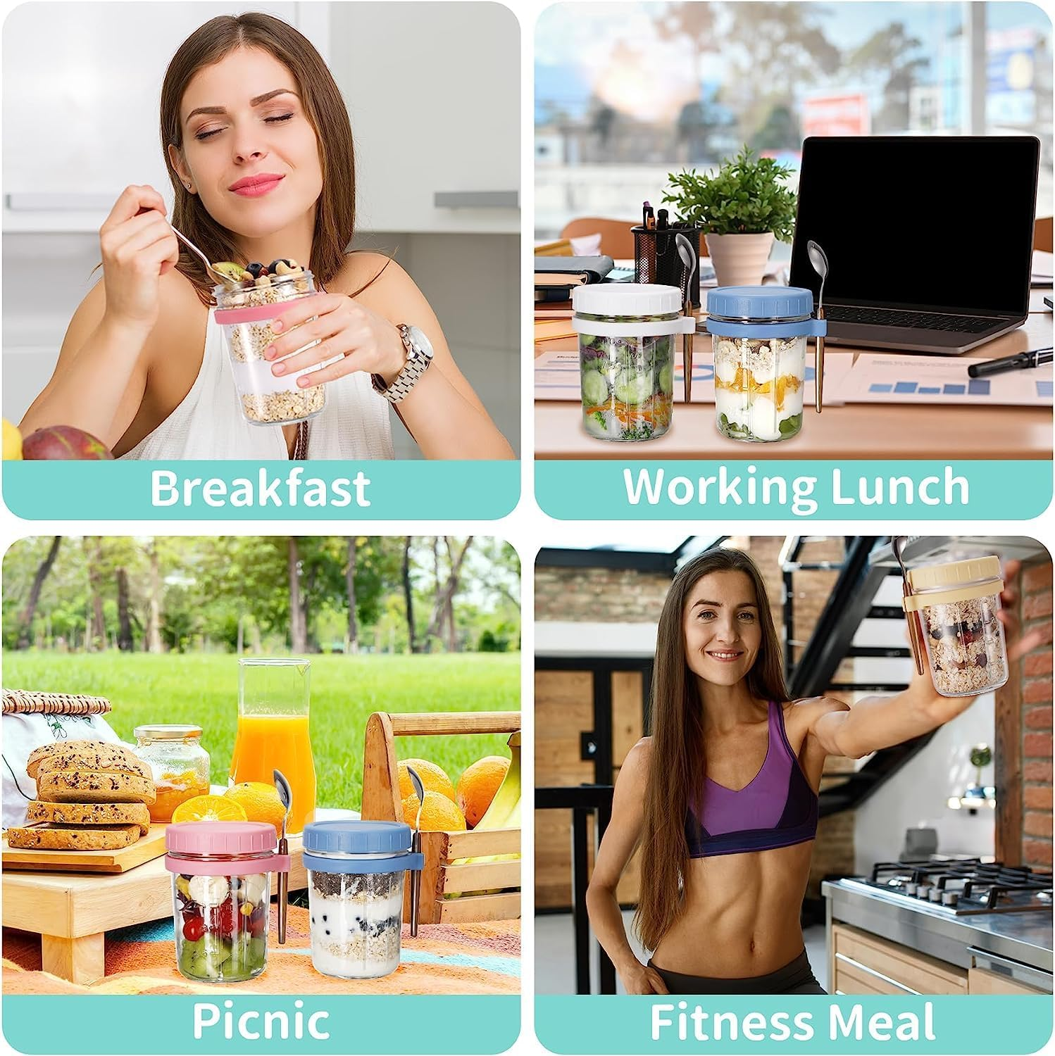 ALINK 4 Pack Overnight Oats Containers with Lids and Spoons, 16 Oz Large Capacity Glass Mason Jars with Airtight Lid for Overnight Oats Meal Yogurt Chia Pudding Fruit Cereal Oatmeal Reusable Jars image number 1