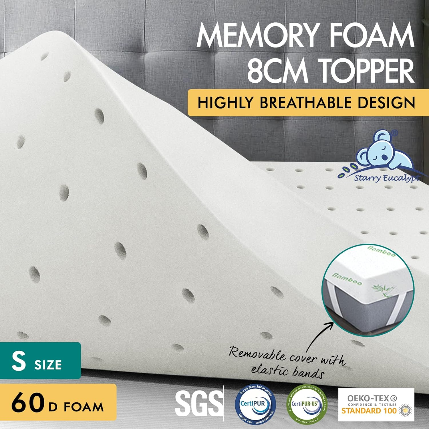 STARRY EUCALYPT Memory Foam Mattress Topper, 60D Foam Bed Topper with Bamboo Fabric Cover Beddings, Highly Breathable Bedding Floor Mat Pad(Single 8Cm Thick Ventilated) image number 4