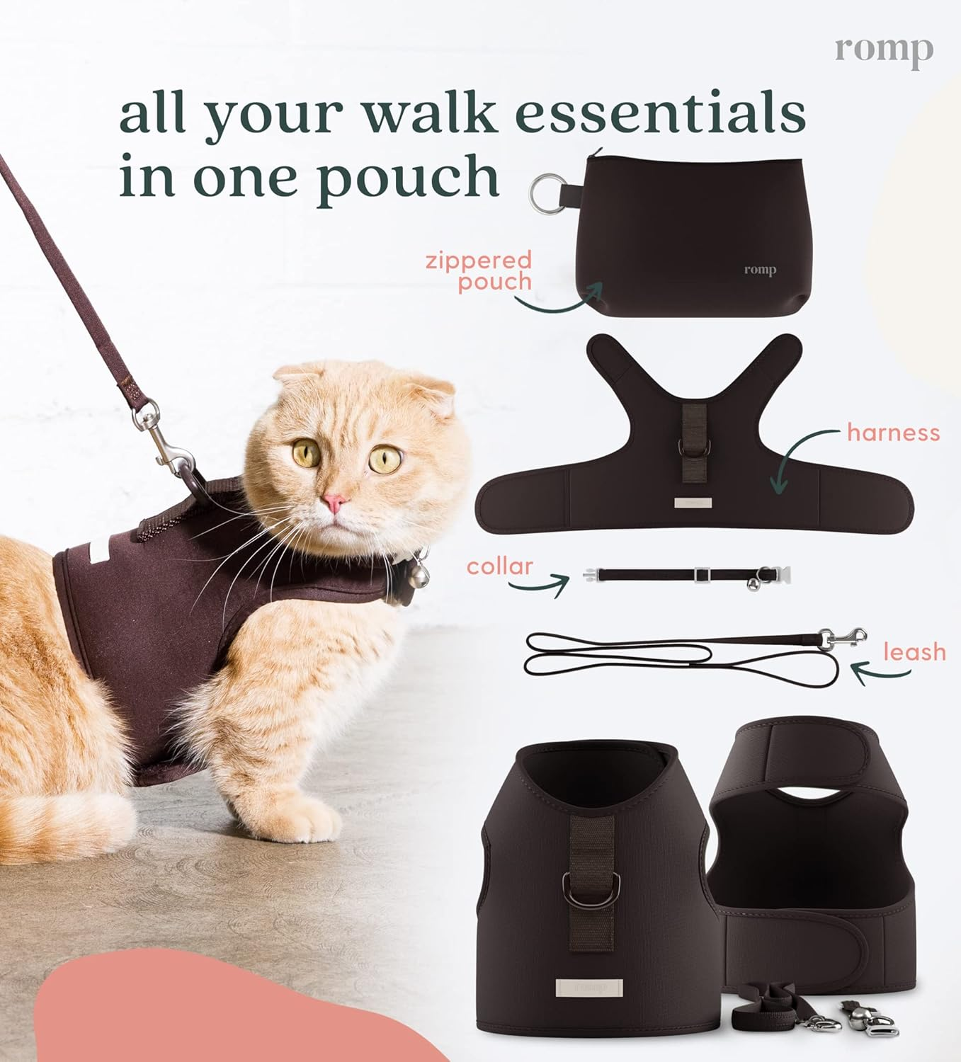 Cat Harness, Collar & Leash Set - Escape Proof Adjustable Choke Free Velcro Harness Vest for Walking Cats & Kittens (Sable Brown, Small) image number 5