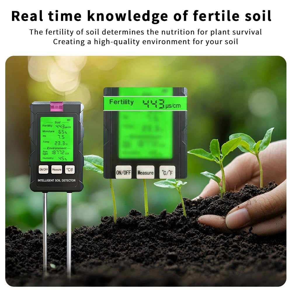 QUMOX 6-In-1 Soil Tester Meter with Rotatable Screen &ndash; Measures Ph, Moisture, Fertility, Temperature, Sunlight, Air Humidity &ndash; Digital Soil Analyzer for Garden, Lawn, Greenhouse image number 6