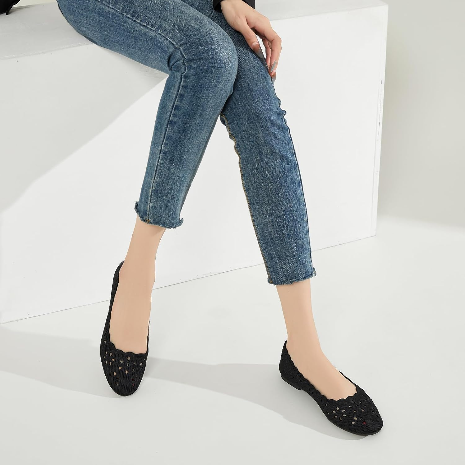 BABUDOG Knit Ballet Flats Shoes for Women,Womens Flats Dressy Comfortable,Women&rsquo;S Dress Shoes with Flower Eyelets,Slip on Casual Walking Flats image number 5