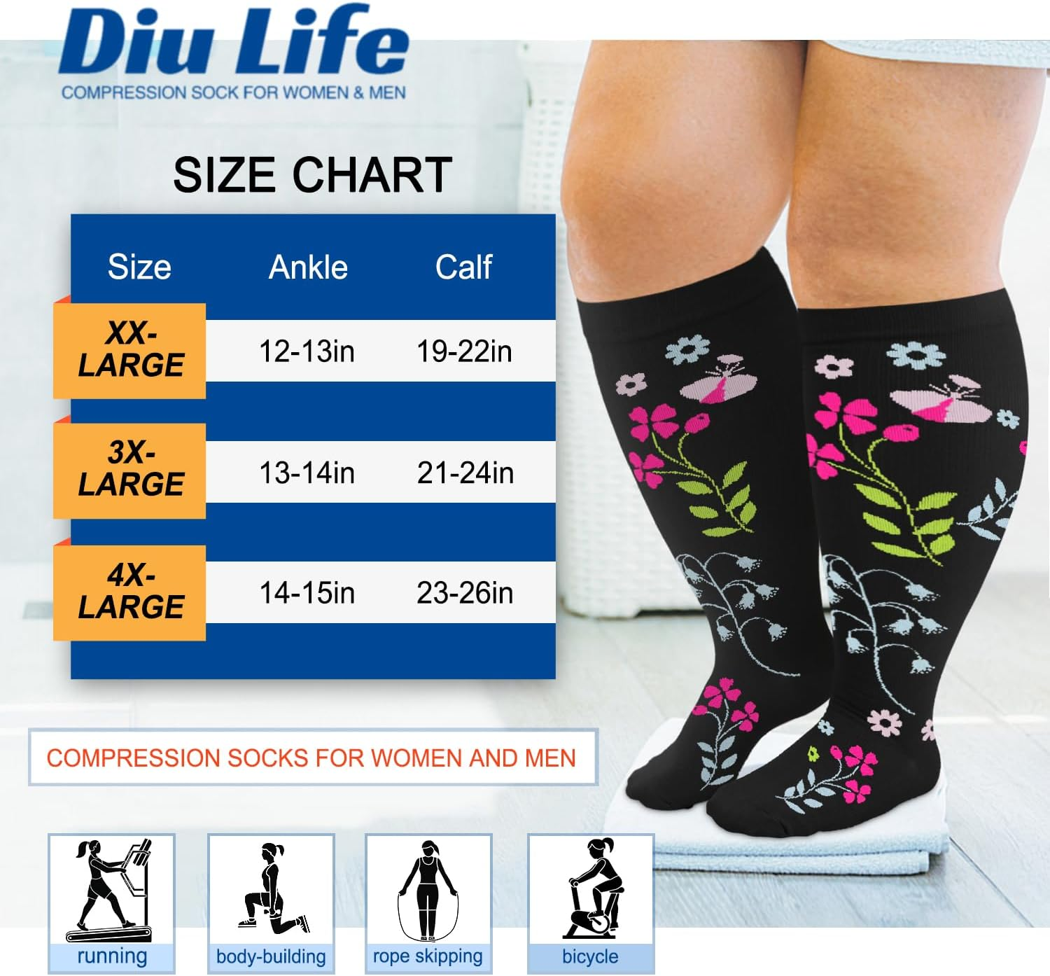 Diu Life plus Size Compression Socks for Women & Men 20-30 Mmhg Extra Wide Calf Knee High Support Socks for Circulation image number 1