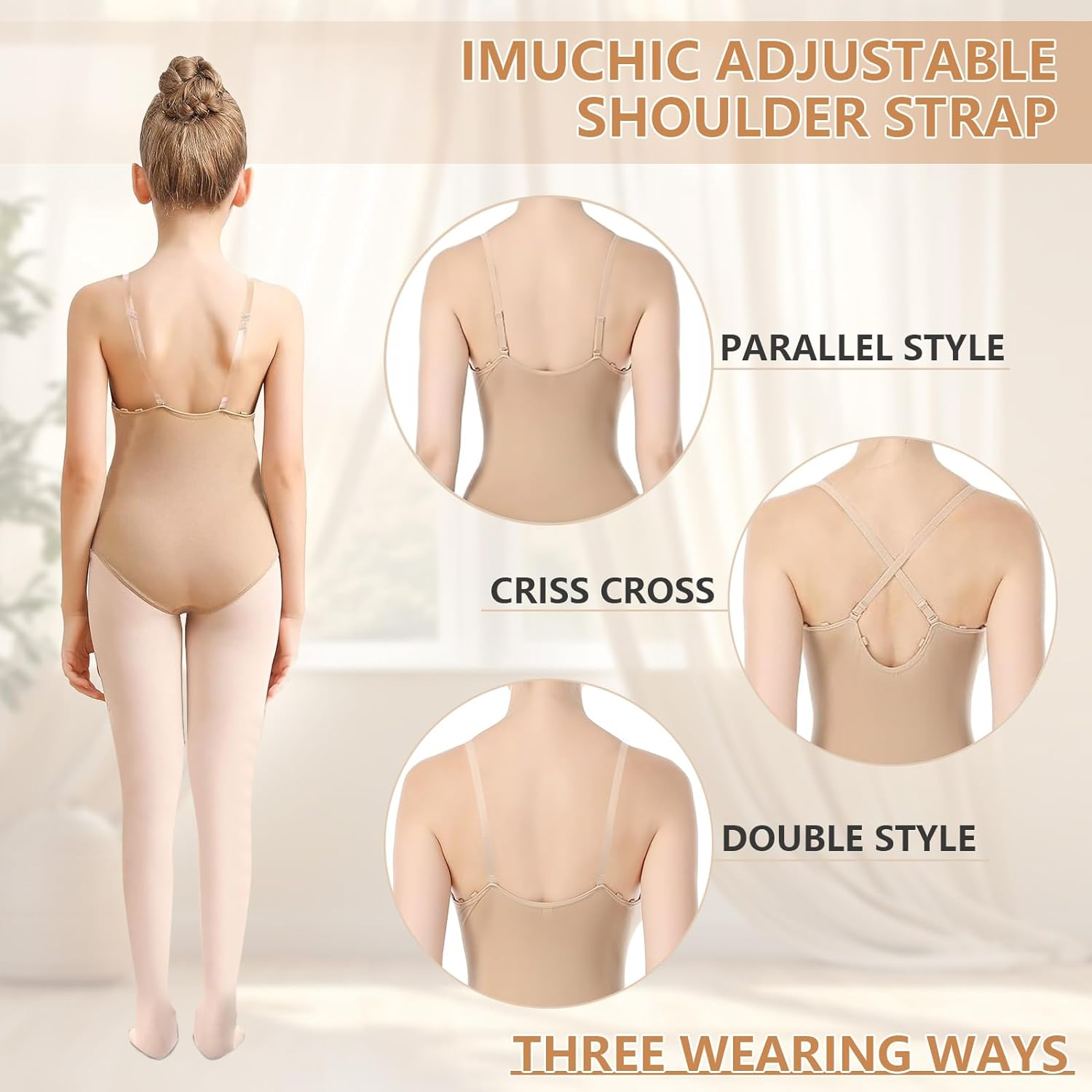 Girls Nude Leotard Seamless Camisole Leotards Undergarment for Ballet Dance Gymnastics with Adjustable Clear Straps image number 5
