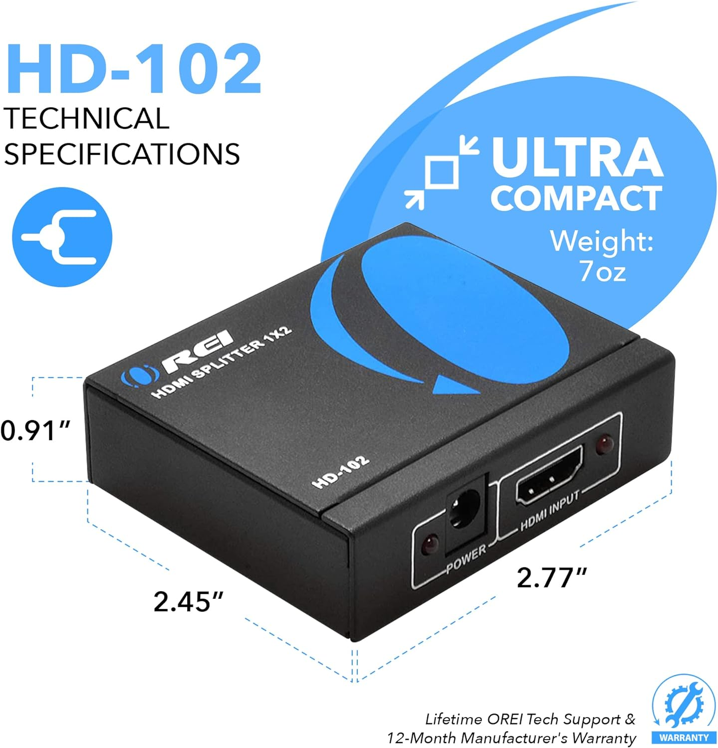 OREI HDMI Splitter 1 in 2 Out 4K - 1X2 HDMI Display/Mirror - Powered Splitter Full HD 1080P, 4K @ 30Hz (One Input to Two Outputs) - USB Cable Included - 1 Source to 2 Identical Displays