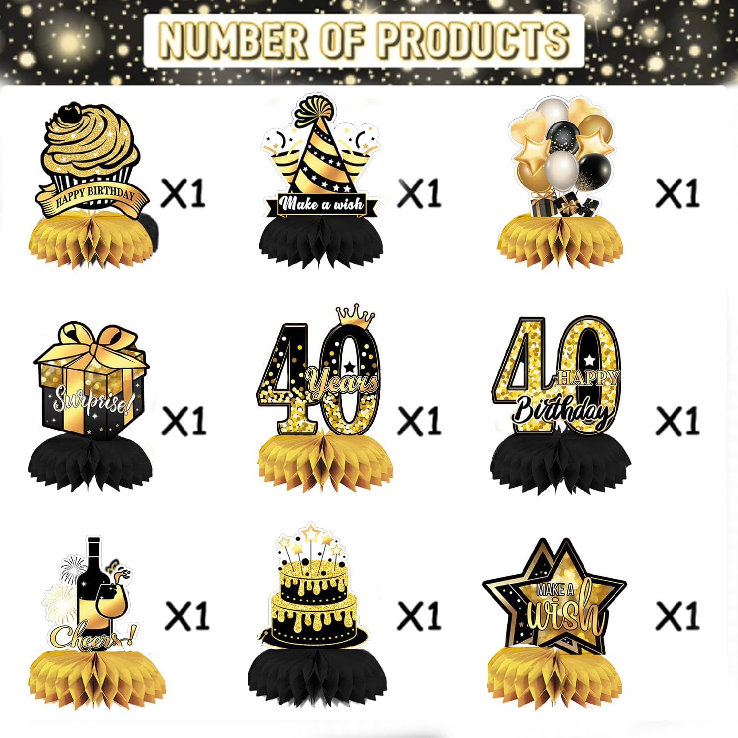 Shalve 40Th Birthday Party Decorations Honeycomb Centerpieces Table 18Pcs Decorations Supplies Vintage for Men Gold Topper Cheers Back Decor image number 2