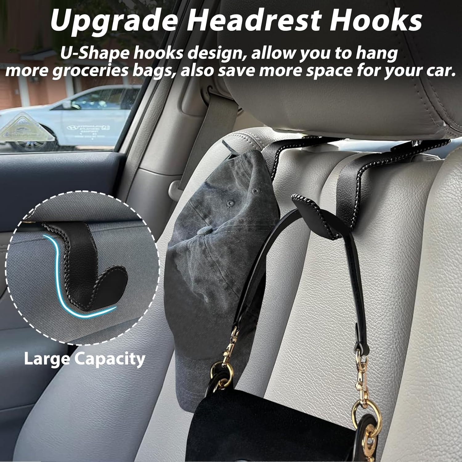 Etre Jeune Purse Hook for Car, Car Purse Holder Seat Headrest Hook Leather Vehicle Storage Hanger Hook for Purses and Bags, 2 Pack Black image number 4