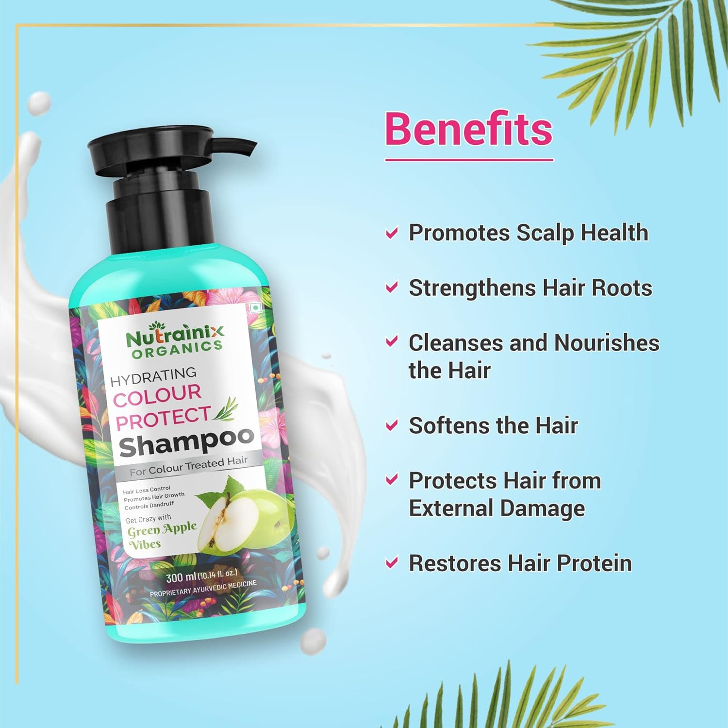 Nutrainix Organics Hydrating Colour Protect Shampoo with Green Apple Vibes | Shampoo for Coloured Hairs Growth | Color Protecting Shampoo - 300Ml image number 5