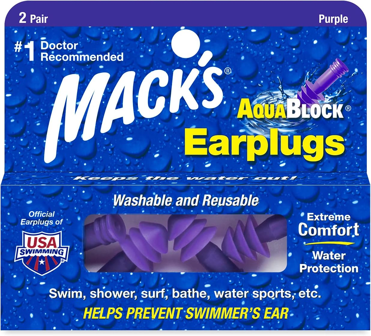 Mack'S Aquablock Earplugs - Comfortable, Waterproof, Ear Plugs for Swimming, Snorkeling and Showering, Unisex-Adult, 12, 2 Pair - Purple, Standard