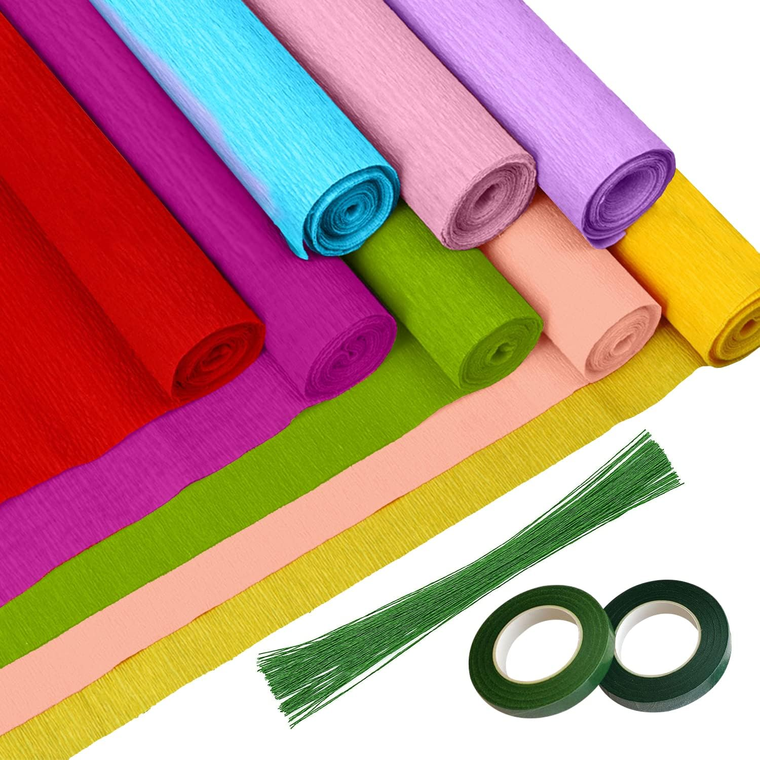 Crepe Paper 8 Rolls Wide Crepe Paper Streamers 10 Inch X 8 Feet Artificial Floral Arrangements DIY Flower Making Kits Green Floral Tape and Wire for Wedding Festival Party Decorations Craft Supplies - 6 Rolls Green Series image number 3