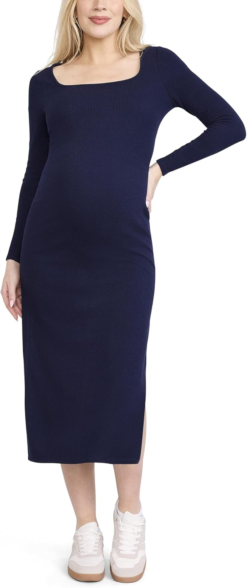 Motherhood Maternity Women'S Long Sleeve Ribbed Square Neck Bodycon Casual Pregnancy Dress image number 6