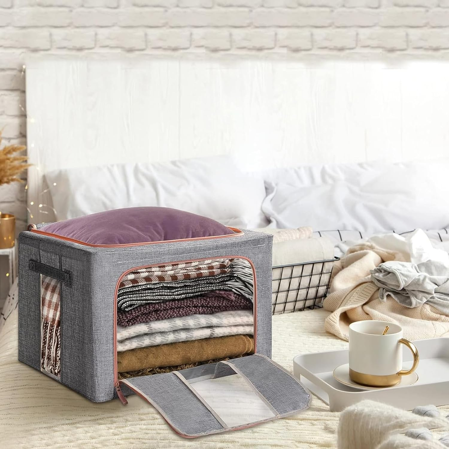 2 Pack Clothes Storage Box with Zipper, 66L Foldable Linen Container with Handles Large Capacity Storage Organizer (Grey 66L) image number 1