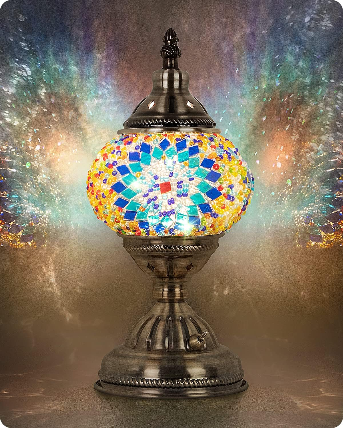 Yarra-Decor Turkish Moroccan Lamp with Bronze Base Handmade Tiffany Mosaic Glass Lamps Portable Bedside Rechargeable Battery 2000Mah (LED Bulb Included)(2) Blue2