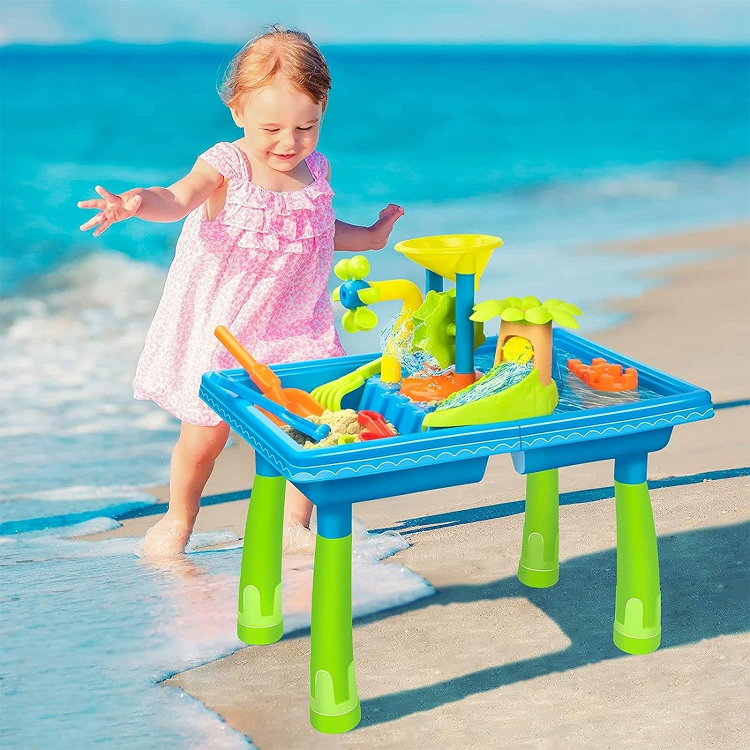 KIDBOT 2 in 1 Kids Sand and Water Play Table ， Kidbot Sand Table, Indoor Outdoor Bench Sandpit Swimming Pool Toys Activity Set,39Pcs Accessories,56 X 40 X 57Cm image number 6