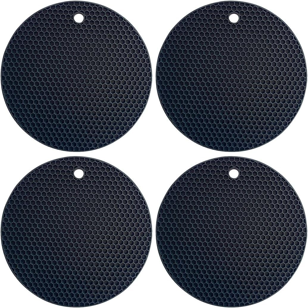 Premium Silicone Trivet Mat Set for Hot Pots & Pans &ndash; Black 4-Pack, Extra Thick 0.8Cm (18Cm Round), Heat Resistant Countertop & Table Protector, Multipurpose Non-Slip Hot Pads (Grey)