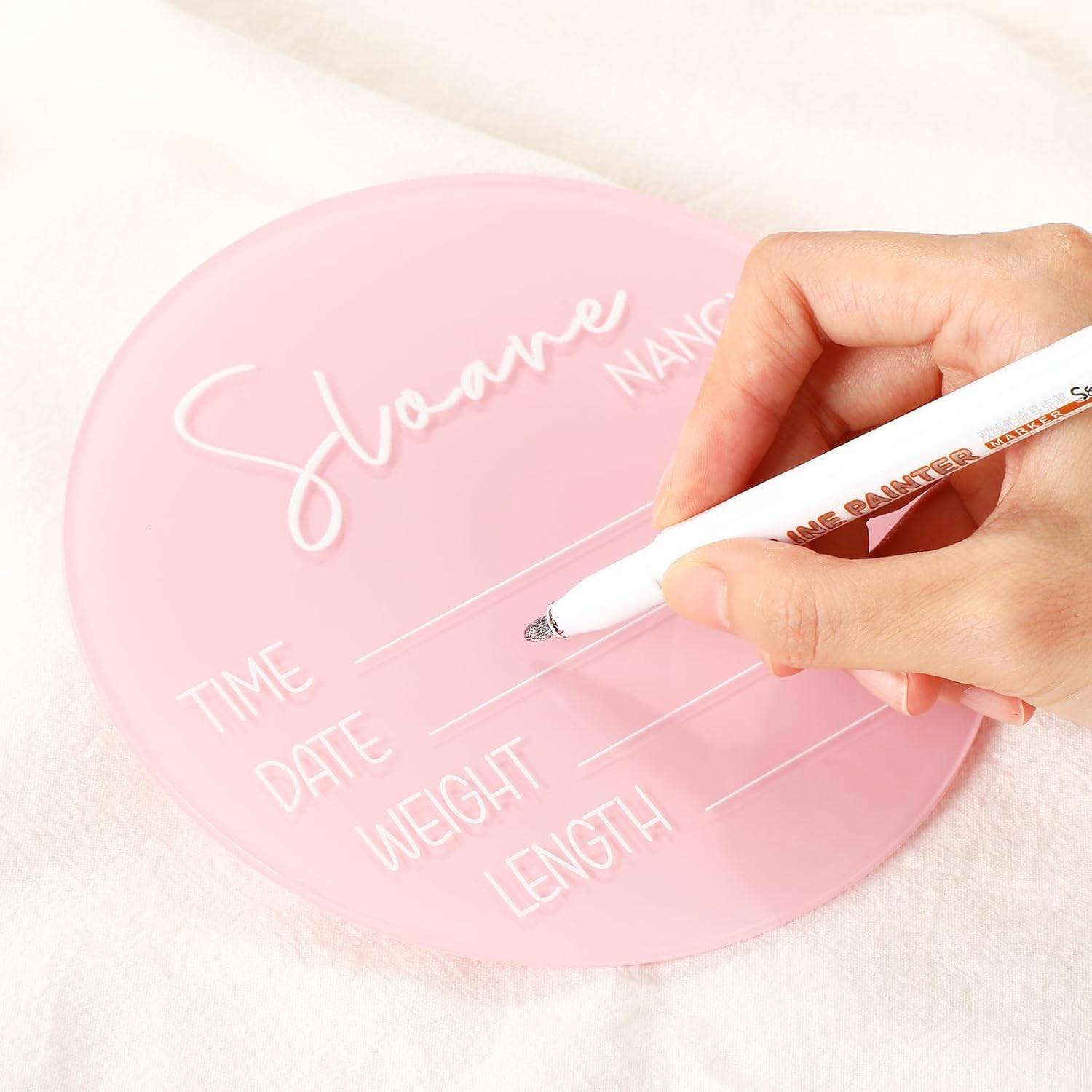 Geelin 2 Pcs 6 Inch Pink Newborn Announcement Sign for Hospital Acrylic Birth Announcement Sign Baby Name Milestone Plaques DIY with 14 Sheets Alphabet Transfer Stickers for Photo Props Baby Shower image number 4