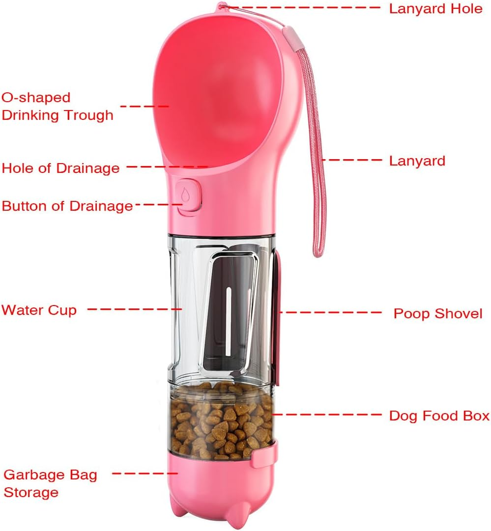 AIMALL 1PC 300ML Pet Travel Water Bottle, Portable Dog Water Cup with Poop Shovel, Dog Food Storage, Garbage Bag Holder, One-Handed Operation, Leakproof, 12.8In/32.5Cm