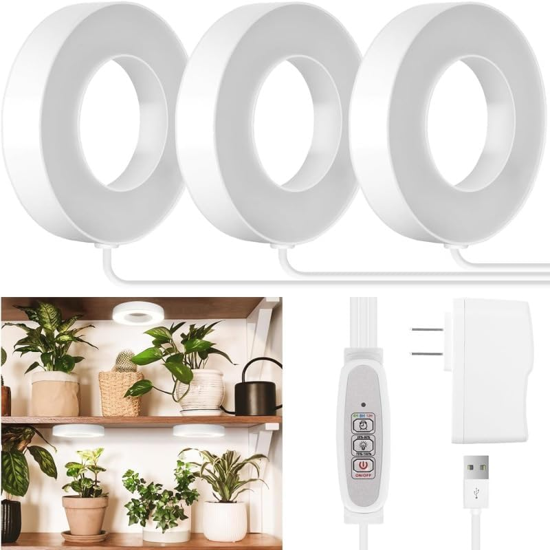 Ceiling Grow Light for Indoor Plants, Full Spectrum LED Halo Plant Light,Automatic Timer 3/9/12H,4 Dimmable Brightness Levels,5V Safe Voltage Growing Lamp,Ideal for Small Plants (3-In-1) image number 4