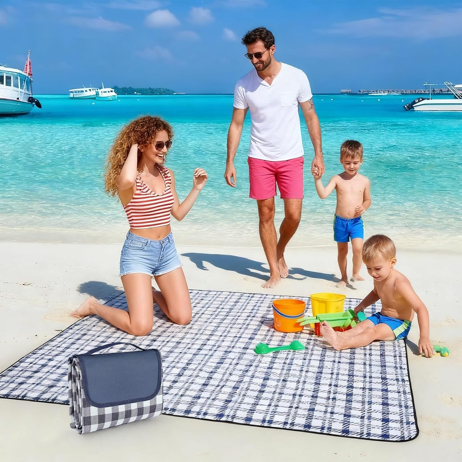 Picnic Blanket, Extra Large 80''X80'' Waterproof Picnic Mat, Outdoor Rug Beach Blanket, Picnic Mat for Beach, Park, Grass, Travel, Hiking, Camping Essentials, Gingham Picnic Rug (Tibetan Blue Grid) image number 1