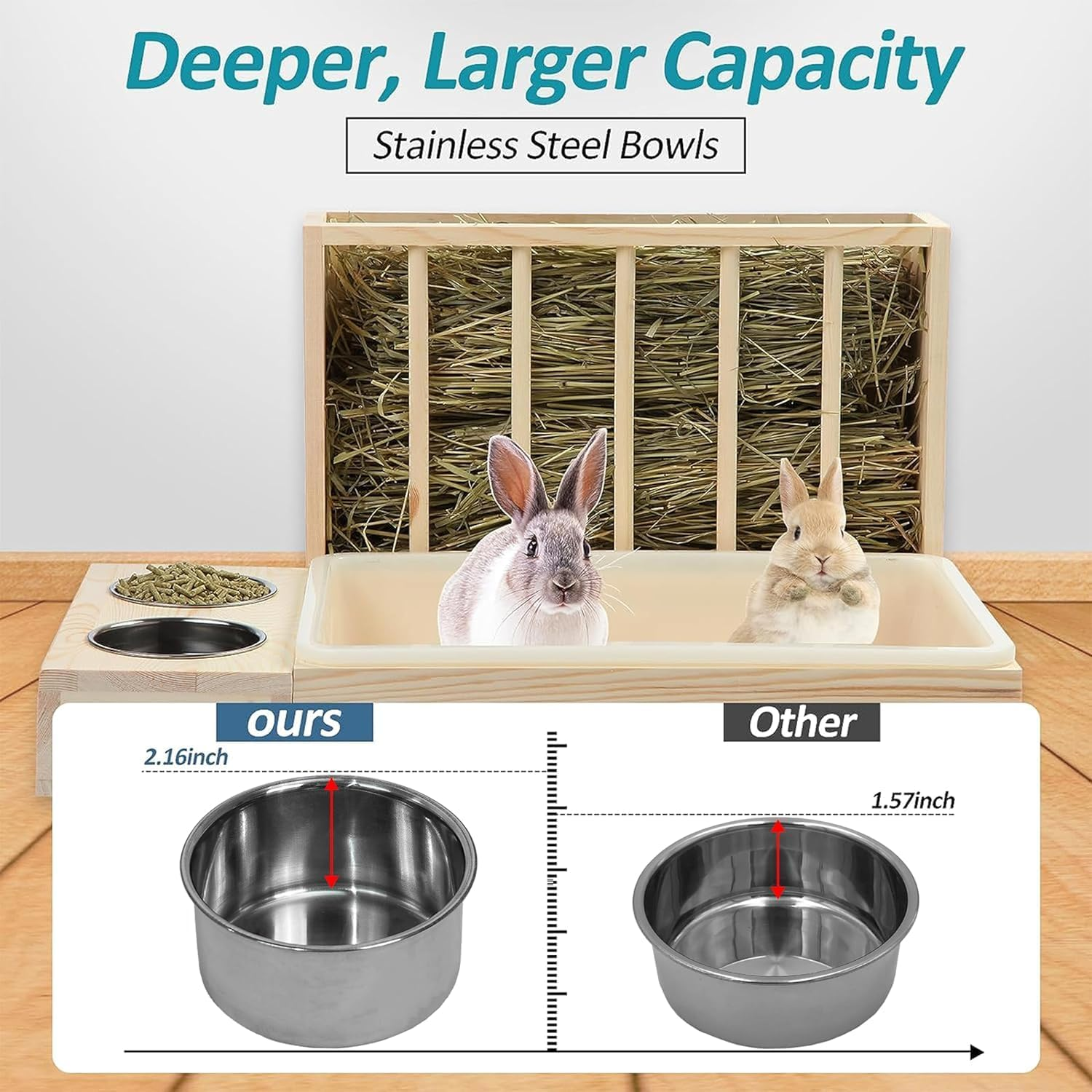 Wooden Rabbit Hay Feeder with 3-In-1 Litter Box and Bowls, Small Animal Rack for Guinea Pigs, Chinchillas, Hamsters, and Dwarf Rabbits - Wood Color image number 4