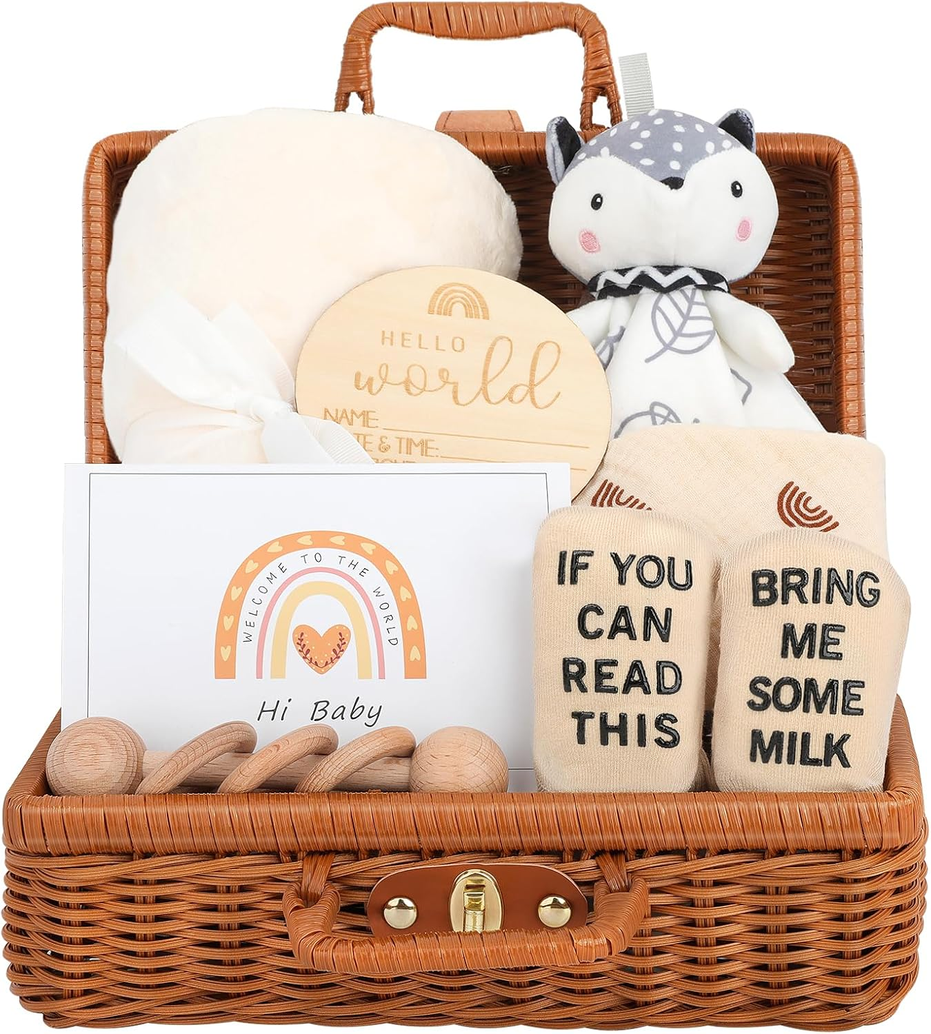 Omebel Baby Shower Gifts, 8PCS Newborn Baby Gifts for Girls Boys, Baby Lovey Blanket Wooden Rattle & Greeting Card with Baby Gift Basket image number 1