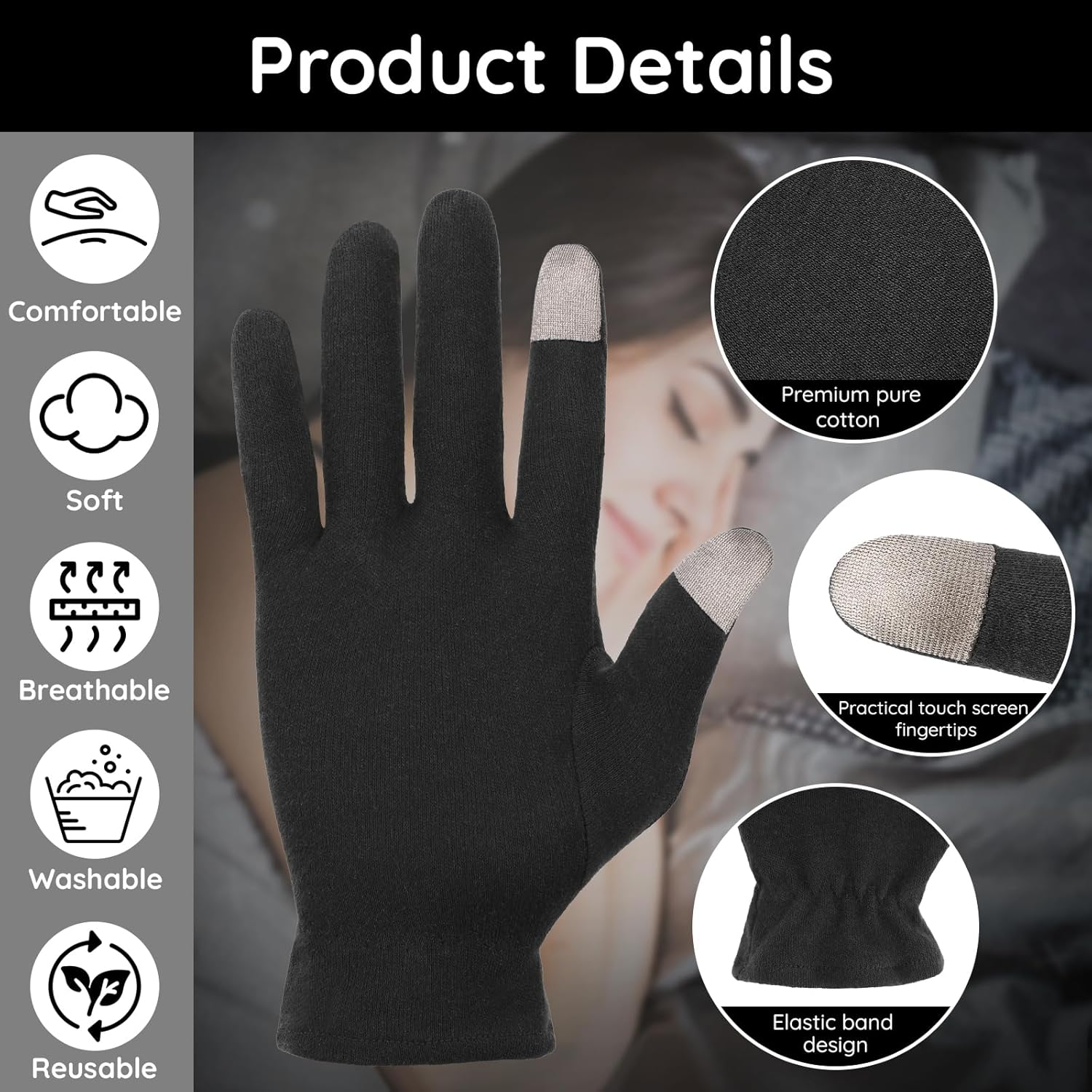 Segbeauty 8 Counts Black Cotton Gloves Touchscreen for Women and Men, 4 Pairs Hand Moisturizer Gloves with Elastic Band, Soft Sleeping Glove for Dry Hands Overnight, Spa Lotion Cotton Glove Liners