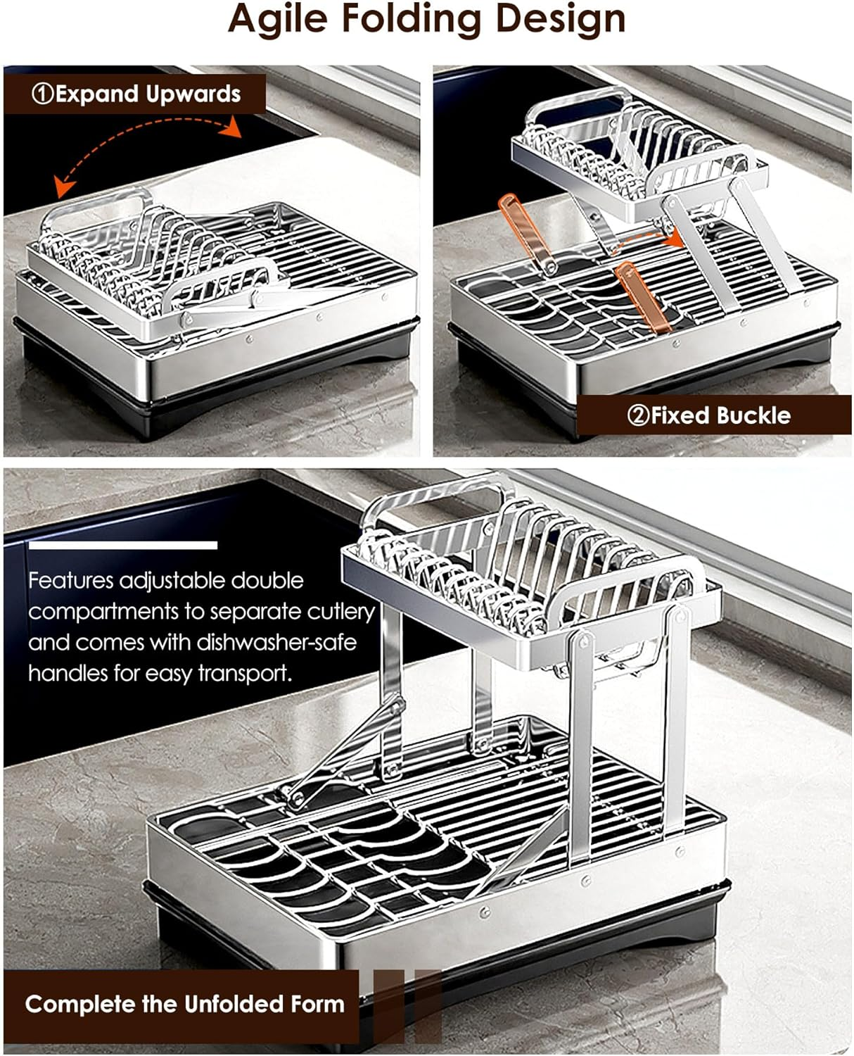 Dish Drying Rack, Multifunctional Dish Rack for Kitchen Counter, 2 Tier Collapsible & Stainless Steel Dish Drainer, Kitchen Drying Rack Equipped with Tableware Racks and Cup Holders image number 6