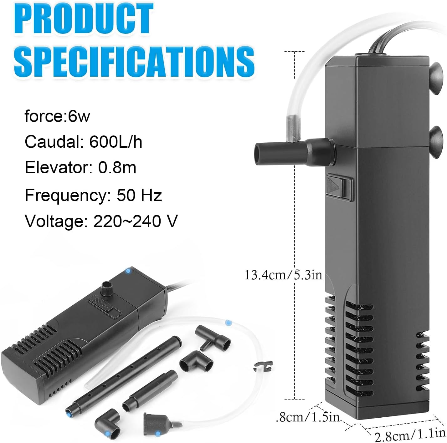 Submersible Fish Tank Filter, 6W Aquarium Filter with Water Pump, 600L/H Adjustable Internal Fish Tank Filter, for Aquarium Filtration, Oxygenation, Circulation image number 5