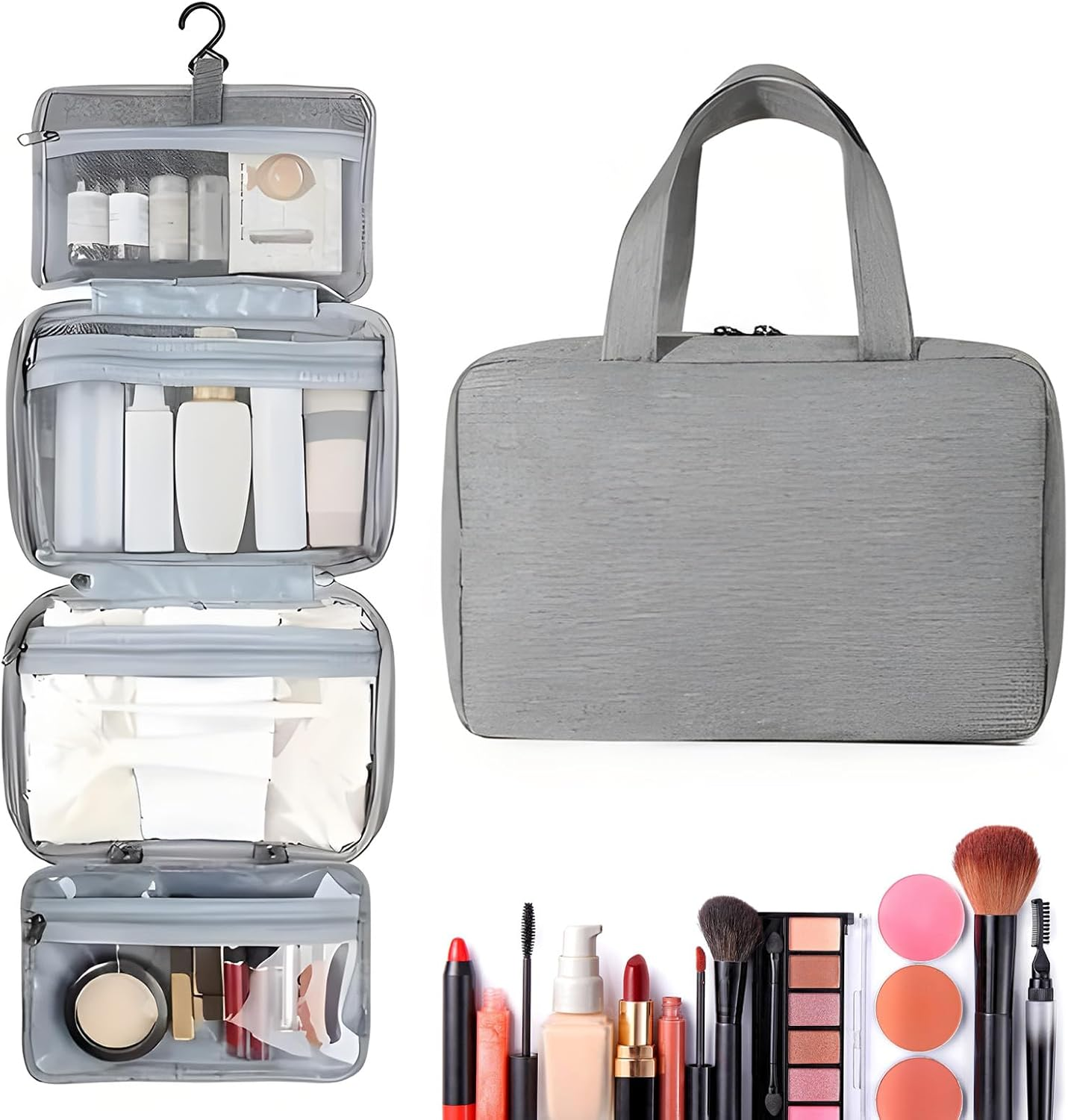 Travel Toiletry Bag with Hanging Hook - Spacious Makeup Organizer,Travel Essentials for Women & Men,Big Comparment, Waterproof for Shampoo, Conditioner, Brushes Set, Makeup Accessories, Grey image number 4