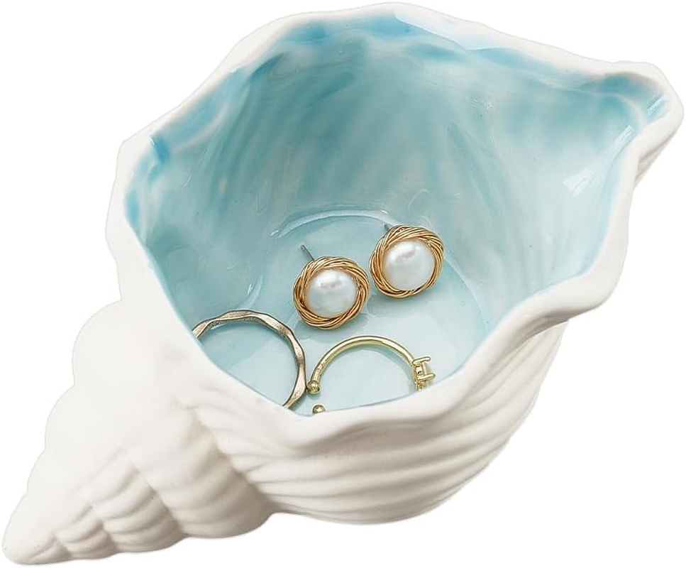PAOFUFUI Conch Shape Ceramic Jewelry Tray, Aqua Shell Trinket Dish Ceramic Ring Earring Holder Ocean-Themed Decorative Trinket Plate for Rings Earrings Necklaces Bracelet Jewelry Watch Keys (Blue)