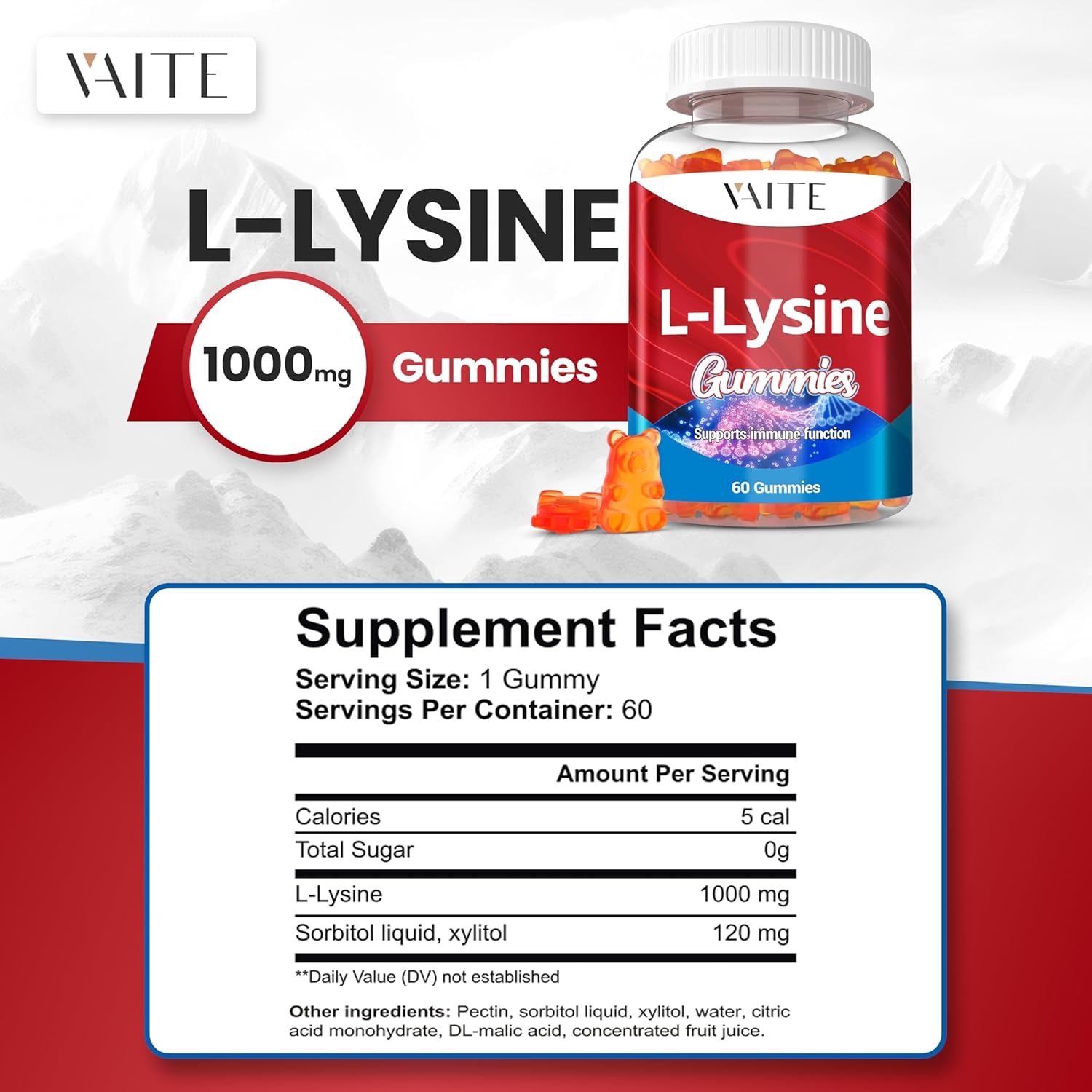 L Lysine 1000Mg Gummies &ndash; Chewable Non-Gmo Supplement, Plant-Based Amino Acid Formula, Gelatin Free, Gluten Free, Soy-Free, Complex Supplements, 60 Vegan Chewables for Adults image number 1