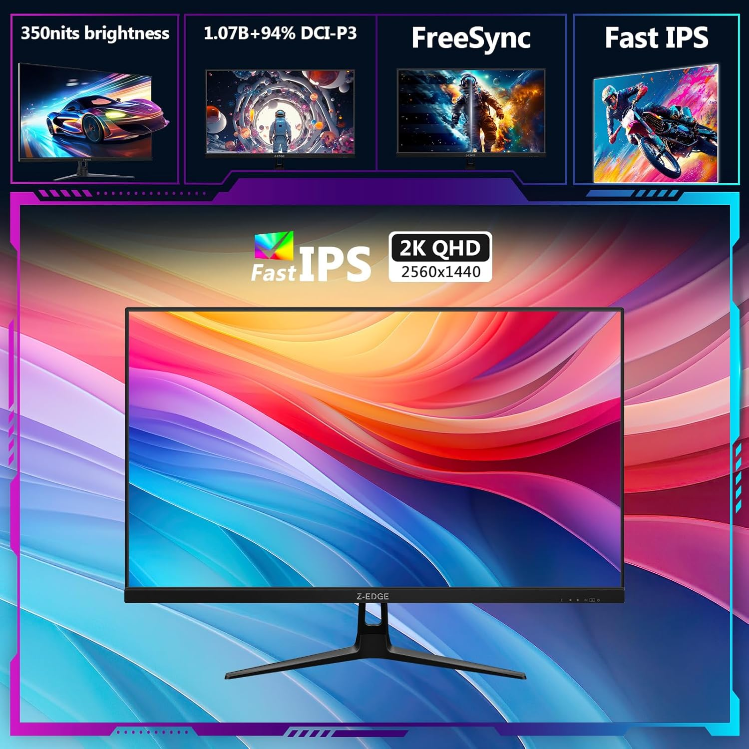 Z-Edge 27 Inch Gaming Monitor QHD 2K IPS 180Hz, 1Ms 2560X1440 LED Monitor, 350Cd/M&sup2; Brightness, HDR10, Freesync, Flickerfree, Dp1.4(180Hz) X2, Hdmi2.0(144Hz) X2, VESA Mountable 100 * 100Mm image number 1