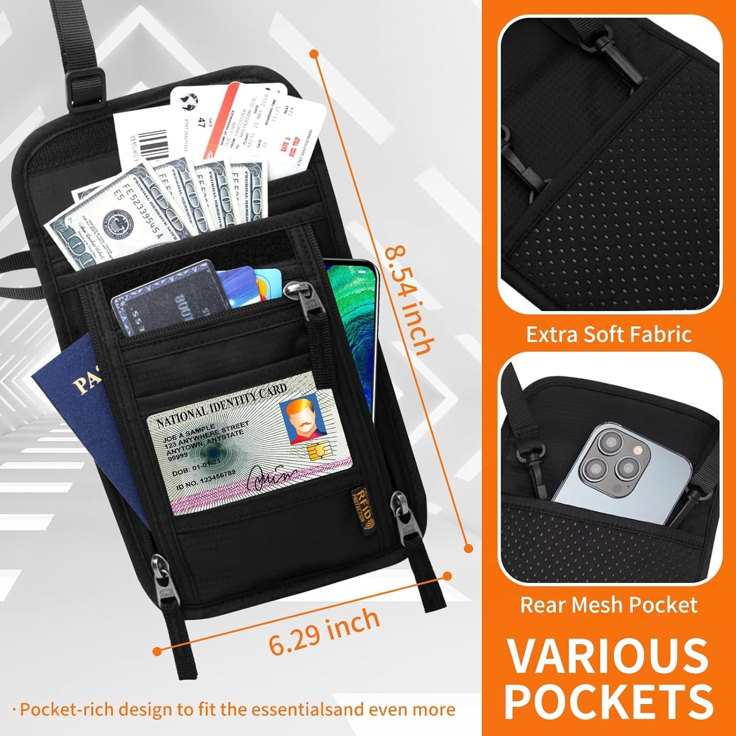 Travel Neck Wallet,Passport Holder Neck Pouch for Men Women with Adjustable Neck Strap and RFID Blocking, Black, Leisure image number 2