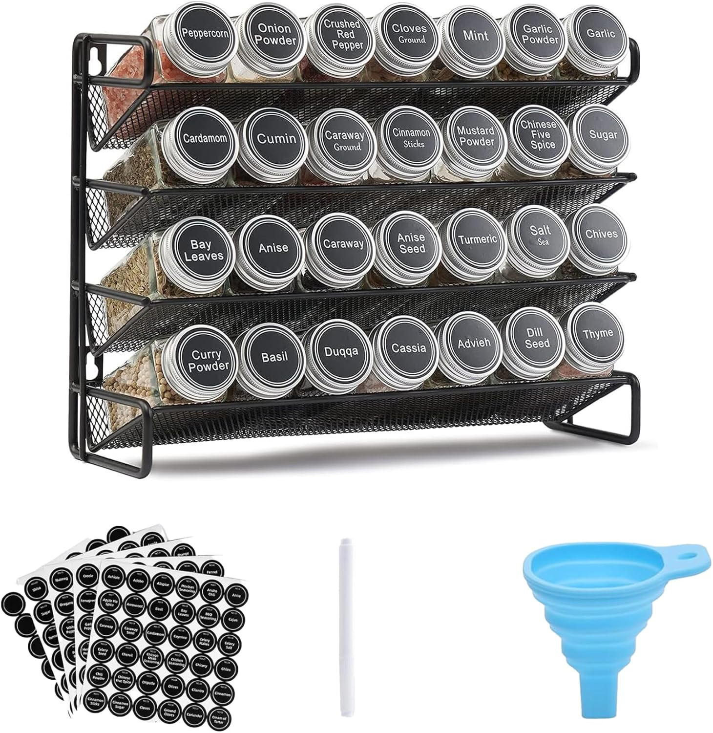 Spice Rack Organizer with 28 Spice Jars, 180 Spice Labels, Chalk Marker and Funnel Set for Cabinet, Countertop, Pantry, Cupboard or Door & Wall Mount image number 1