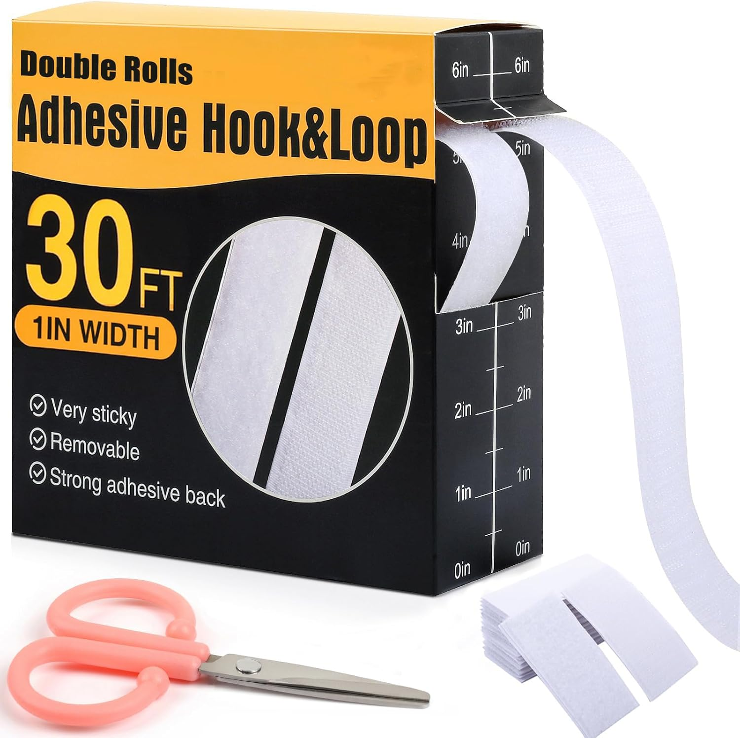 30Ft X 1 Inch Hook and Loop Strips with Adhesive, Double Rolls of Heavy Duty Self Adhesive Tape with Backing, Nylon Self Adhesive Tape for Home Office School and Crafting (2.5Cm*9M/1In*30Ft-White)