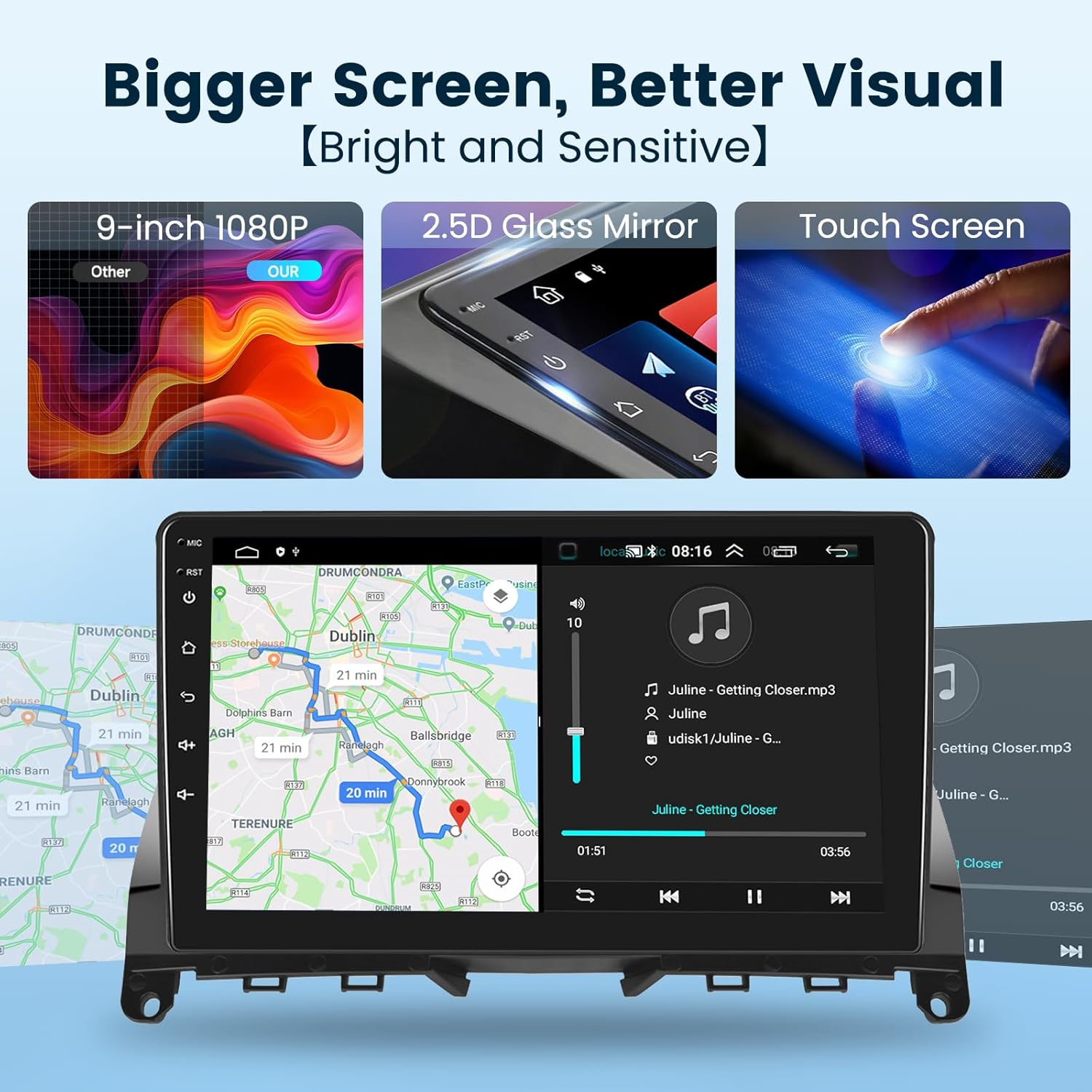 2+64G Android Car Stereo for Mercedes Benz C Class W204 2006-2011 with Wireless Apple Carplay&Android Auto, 9" Touch Screen Car Radio Support Bluetooth GPS Wifi Hifi USB SWC FM/RDS+HD Backup Camera image number 1