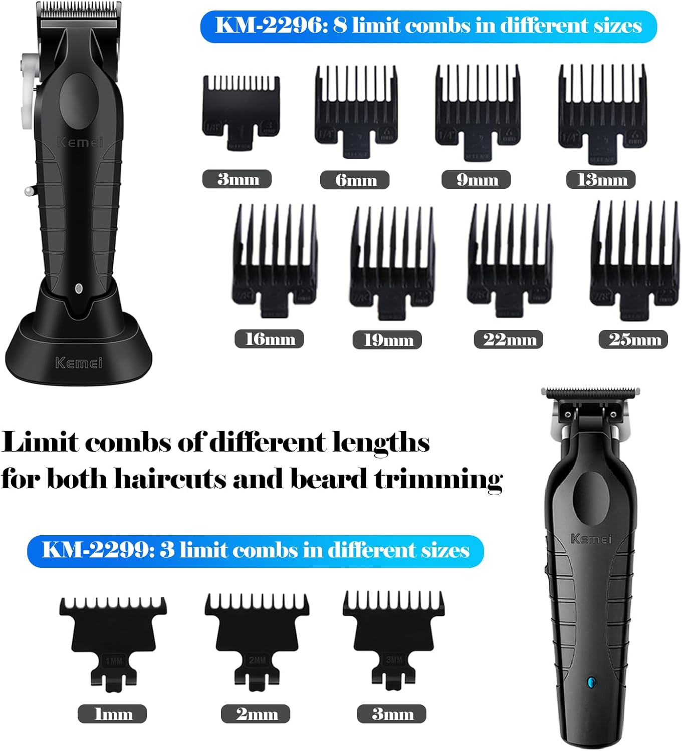 KEMEI Professional Hair Clipper, Hair Trimmer, Beard Shaver Set for Men, Electric Cordless Barber Clipper Beard Trimmer, Rechargeable Fade Clipper Haircutting Kit, KM-2299, KM-2296, KM-1102