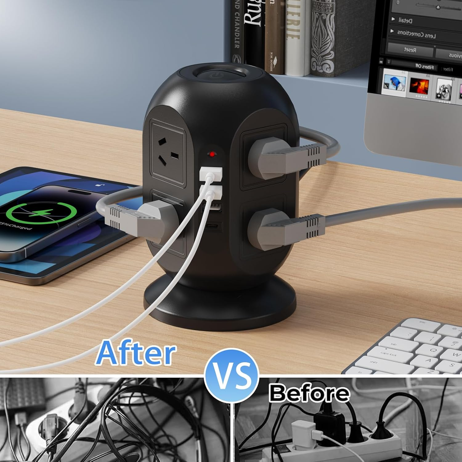 HITRENDS Tower Power Board with USB C, Surge Protection Powerboard with 8 AC Outlets & 4 USB(3 USB-A & 1 Type-C), Power Strip with 2M/6.5FT Extension Cord and Switch for Office Home image number 3