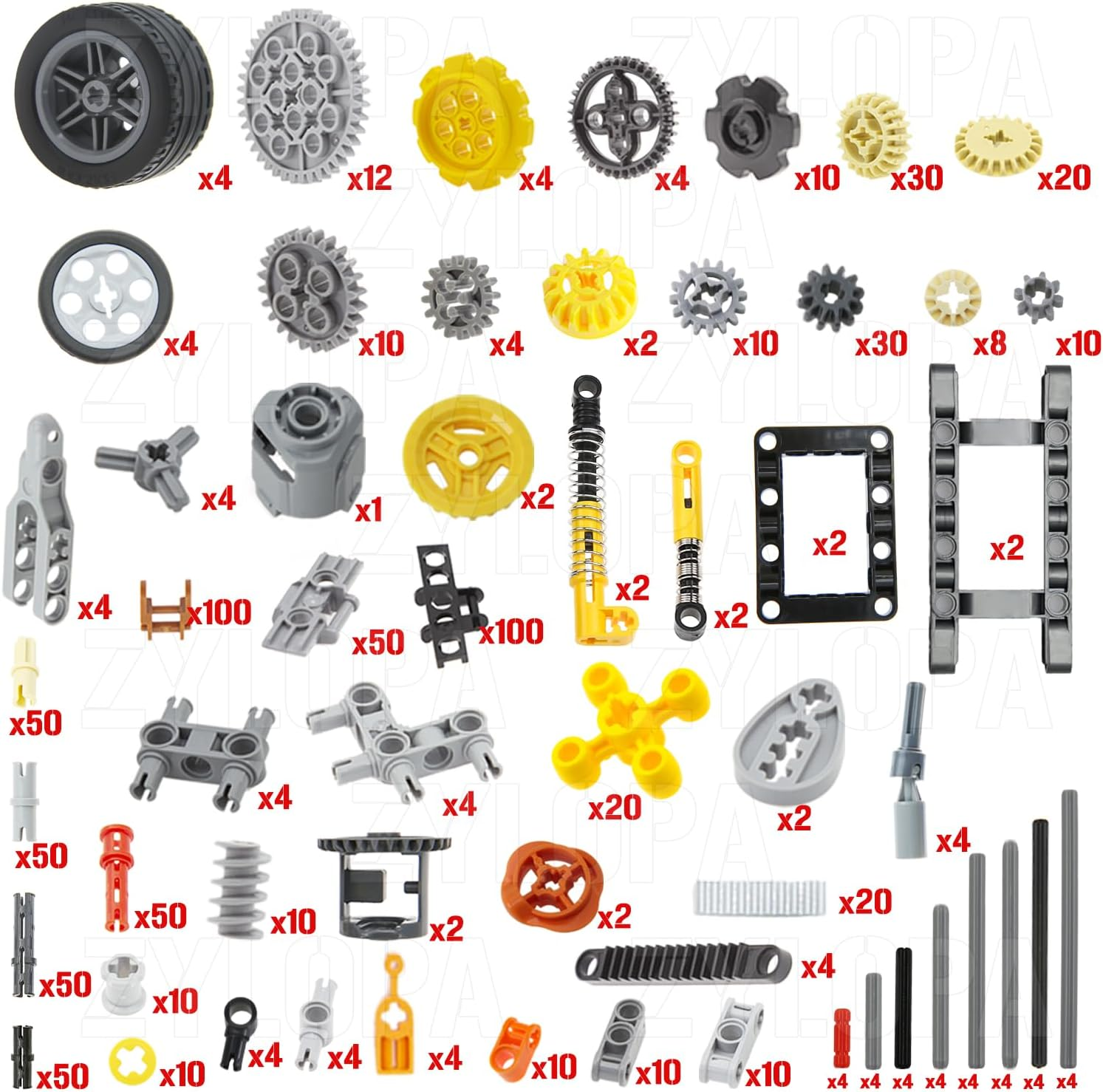854Pcs Technic-Parts-Gears Set Axles-Pins-Bricks-Connector Gearbox-Universal-Joints-Chain-Tracks Shock-Absorber-Car-Wheels-Tires-Steering Shaft image number 2