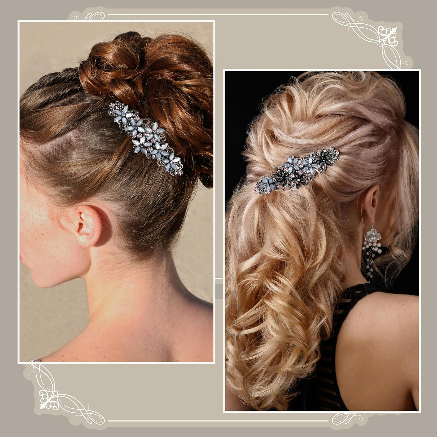 Teaaha Pack of 2 Elegant Hair Clips Women Girls Hair Clip with Crystal Flower Clip Glitter Exquisite Hair Accessories French Style Vintage Hair Accessories (Pink and Blue/Black and Blue)