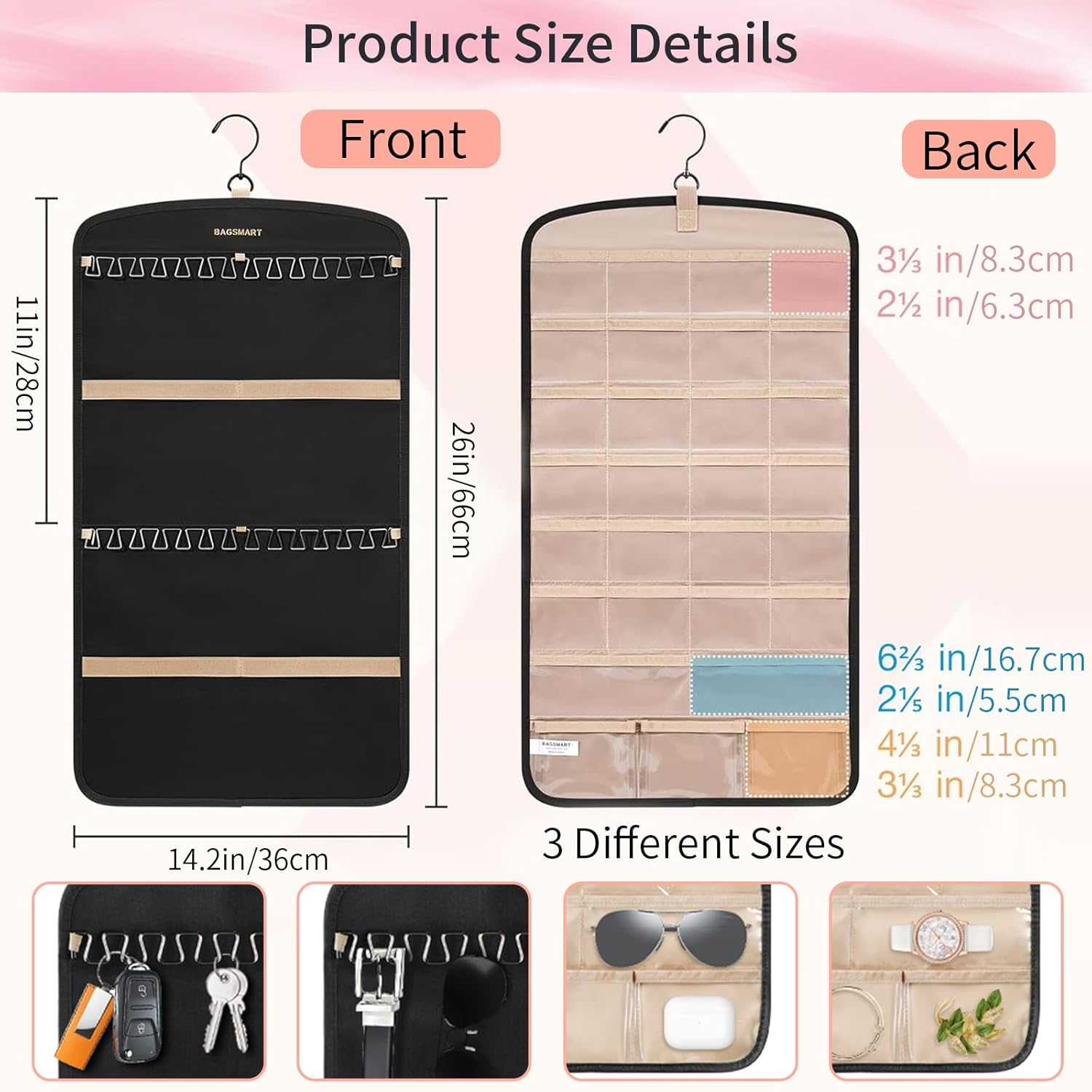 Hanging Jewelry Organizer with Rotating Metal Hook, 20 Pockets Earring Holder Organizer, Necklace Holder Anti-Tangle Earrings Rings Hanger, Double-Sided Jewelry Holder for Earrings Necklaces Ring (BK) - Pk image number 3