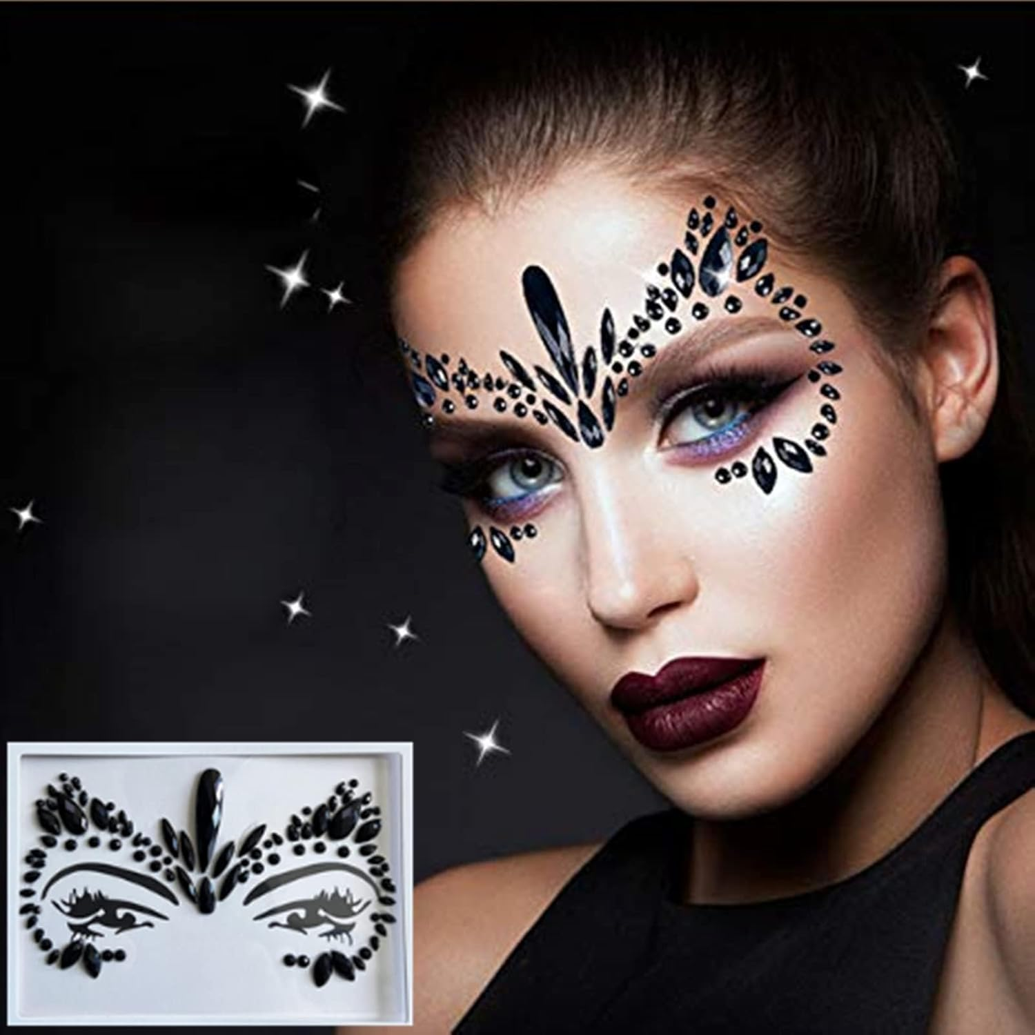 2 Pcs Black Face Gems，Eco-Friendly Resin Material Self-Adhesive Mermaid Face Jewels Stick on Stickers Glitter Face Makeup Gems for Kids Festival Forehead Decorations image number 3