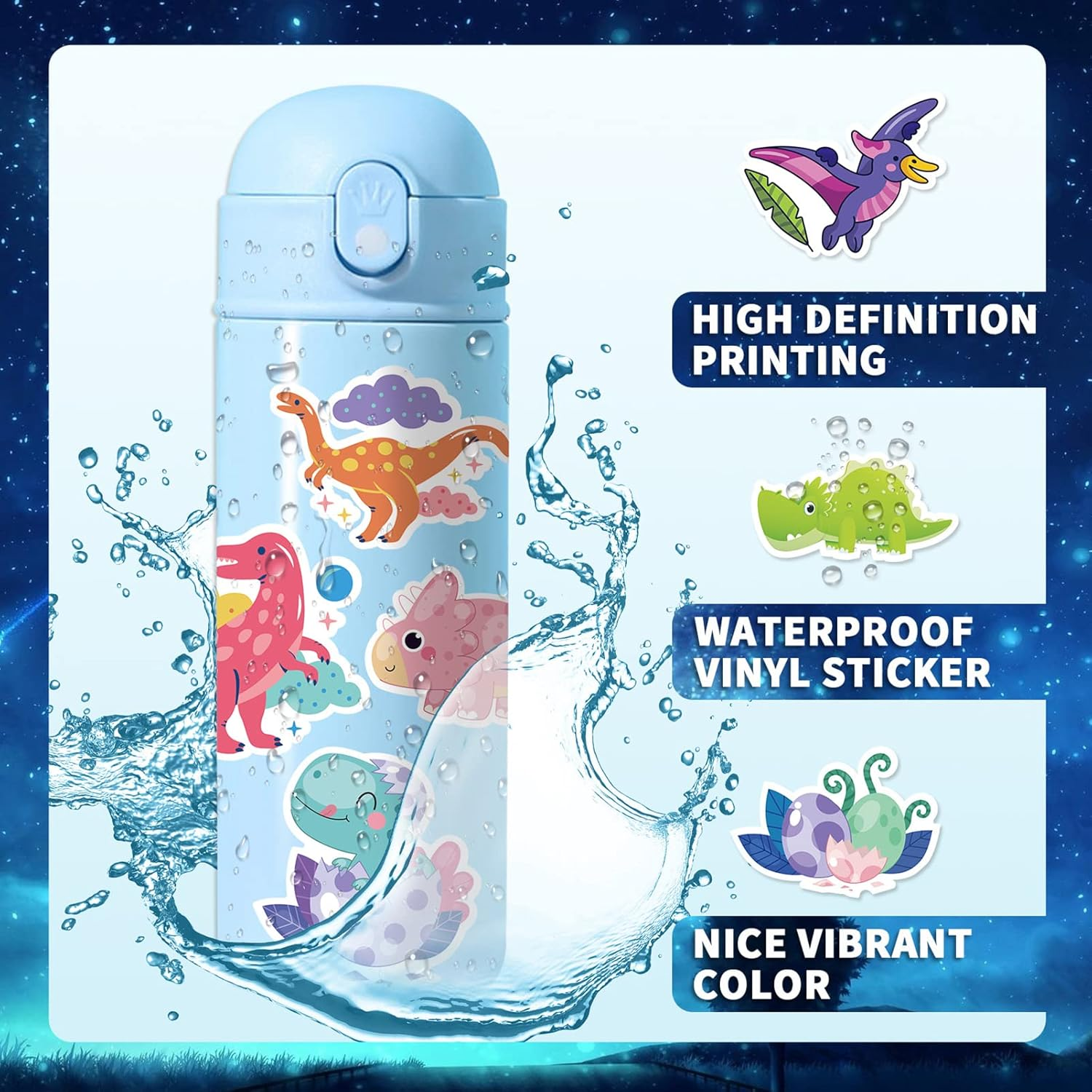 Dinosaur Stickers 50 Pcs, Cute Cartoon Vinyl Decal, Waterproof Gifts Sticker Pack for Kids, Cup, Water Bottle, Laptop, Phone image number 3