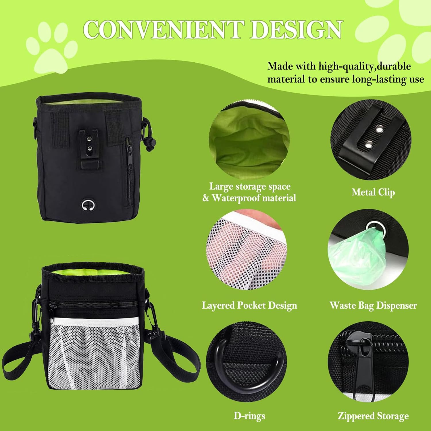 Dog Treat Training Pouch, 4 Ways to Wear Dog Walking Bag with Drawstring & Clip Waist Belt, Puppy Doggie Snack Reward Bags Dog Treat Carrier Holder