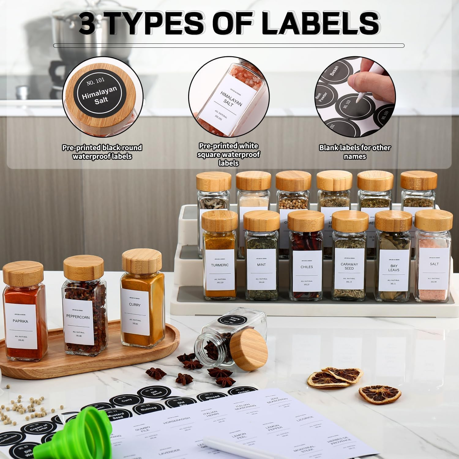 DIMBRAH Spice Jars 24 Pcs with Labels, Glass Spice Jars with Bamboo Lids, 4 Oz Spice Jars Set,Seasoning Storage Bottles for Spice Rack, Cabinet, Drawer image number 5