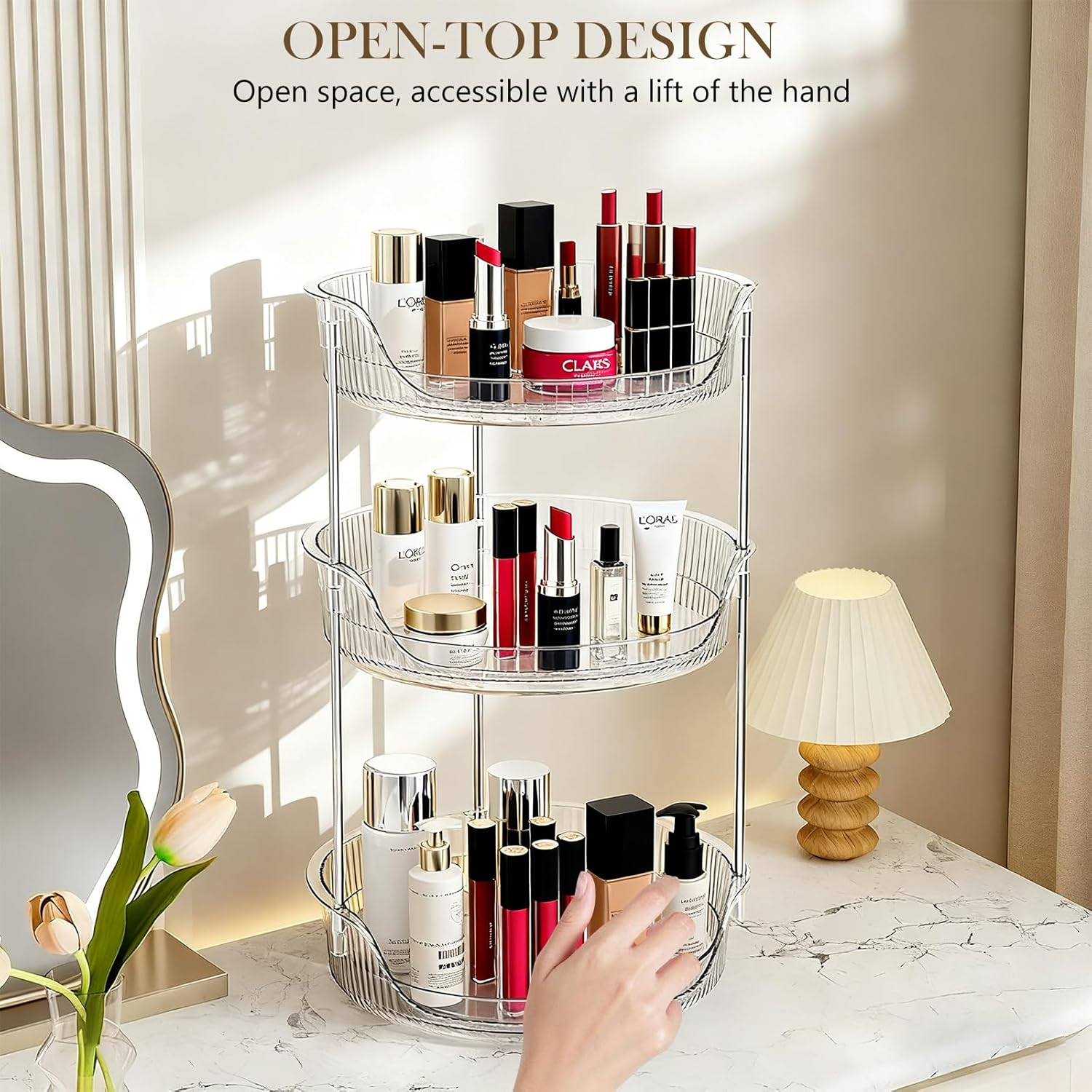 YUDSKU Makeup Organiser, 360 Rotating Spinning Skincare Cosmetic Organiser 3 Tier Large Beauty Spinny Makeup Storage Organiser, Storage Display Case for Bathroom Countertop, Dresser, Vanity image number 5