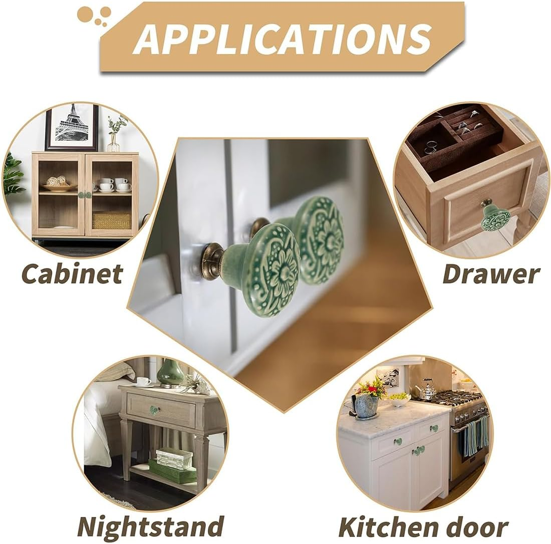 10Pcs Ceramic Knobs Decorative Knobs, Drawer Cabinet Drawer Knobs Pull Handle Door Knobs, Furniture Pull Tool with Mounting Screw, Vintage Floral Cabinet Knobs Kitchen Home Decor (Green) image number 4