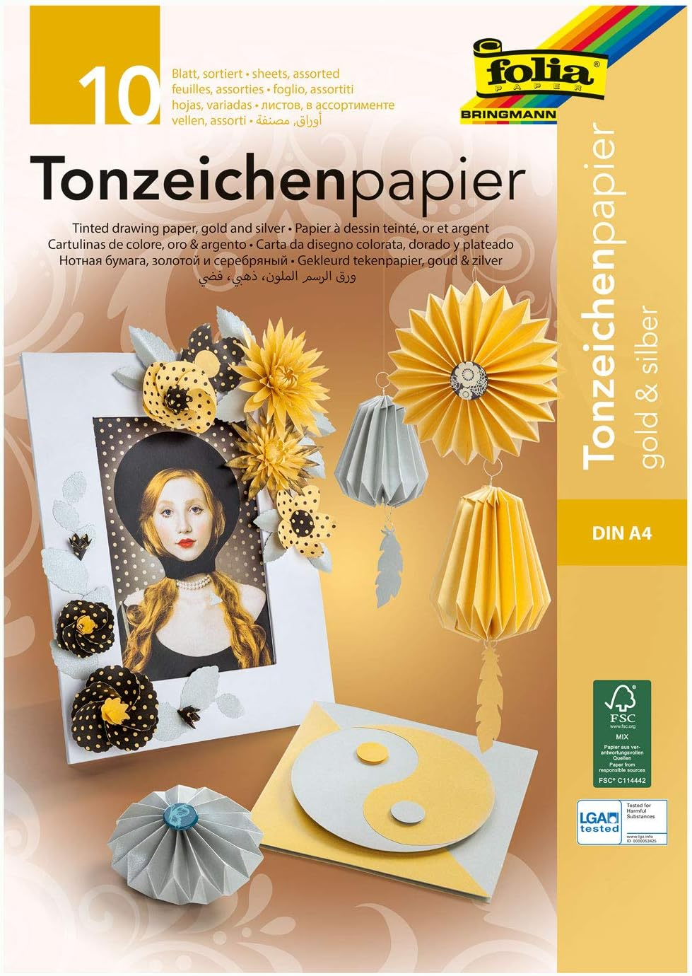 Folia 601 Pad with Coloured Drawing Paper in Gold/Silver, 10 Sheets, 130 G/M&sup2;, DIN A4, Ideal Basis for a Variety of Craft Projects Such as Window Pictures, Scrapbooking, Card Making